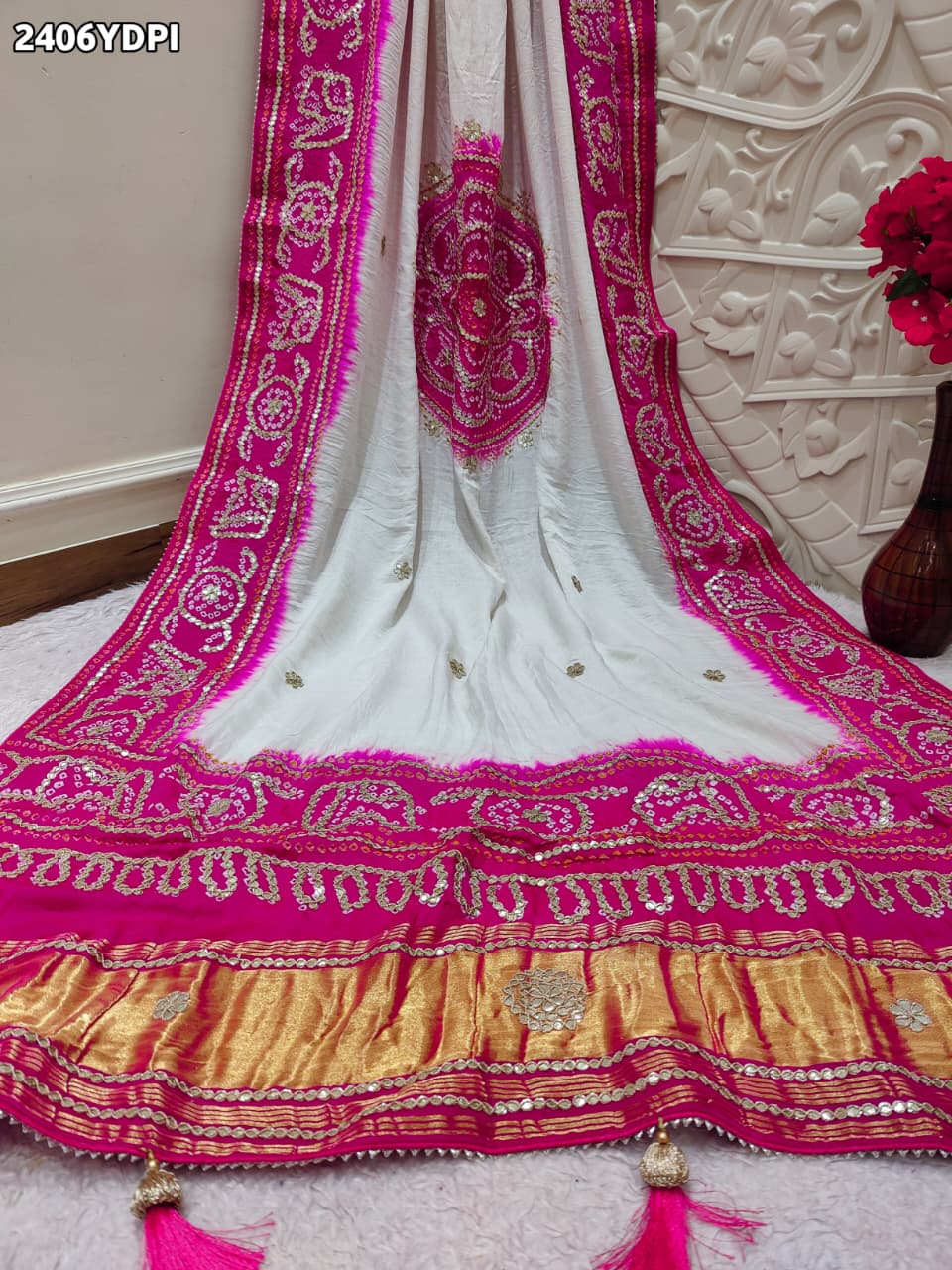KcPc New Premium Gaji Silk Dupatta with Hand Bandhani & Gota Patti WorkAMT
