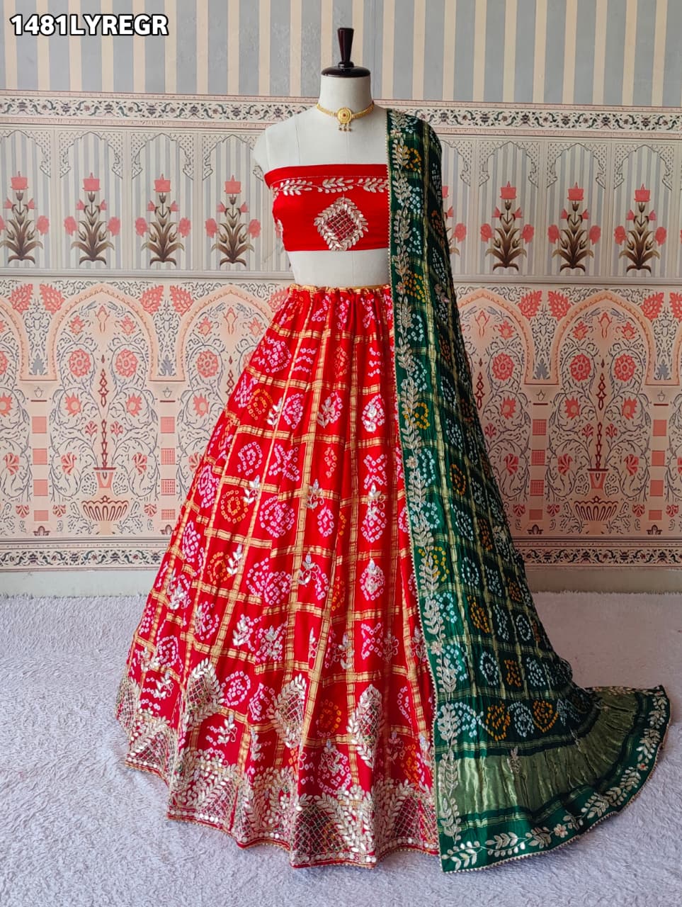 KcPc New Pure Gaji Silk Bandhani Lehenga with Traditional Gotapatti Work BTU