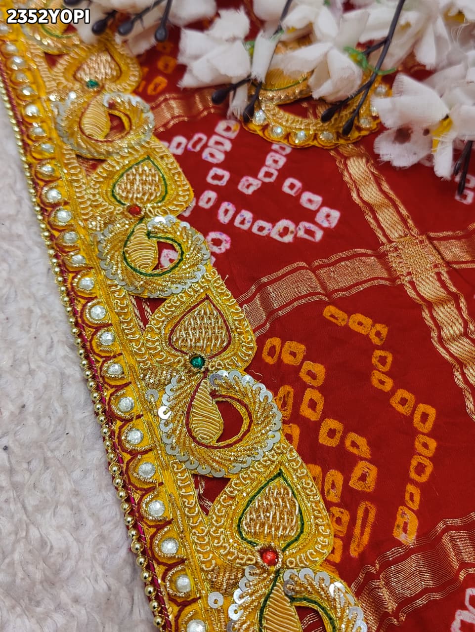 Buy New Premium Bandhani Pila Chunri Bel Buti Work KcPc