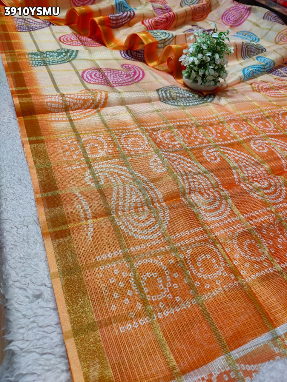 Buy Traditional Bandhani Style Kota Doria Saree Kcpc