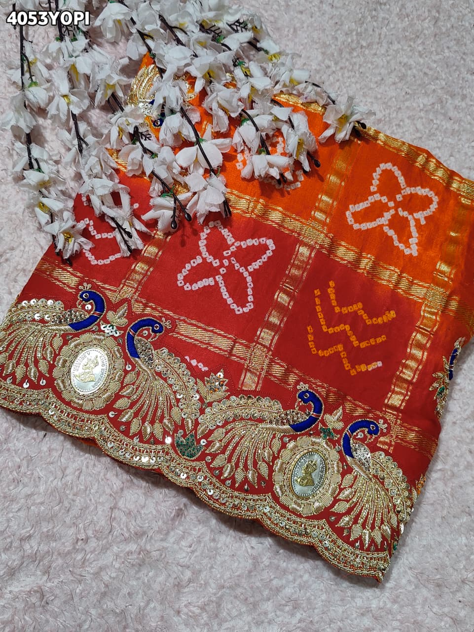 KcPc Traditional Gaji Silk Bandhani Pila Chunri with Zardosi Work With Silver Coins MNL