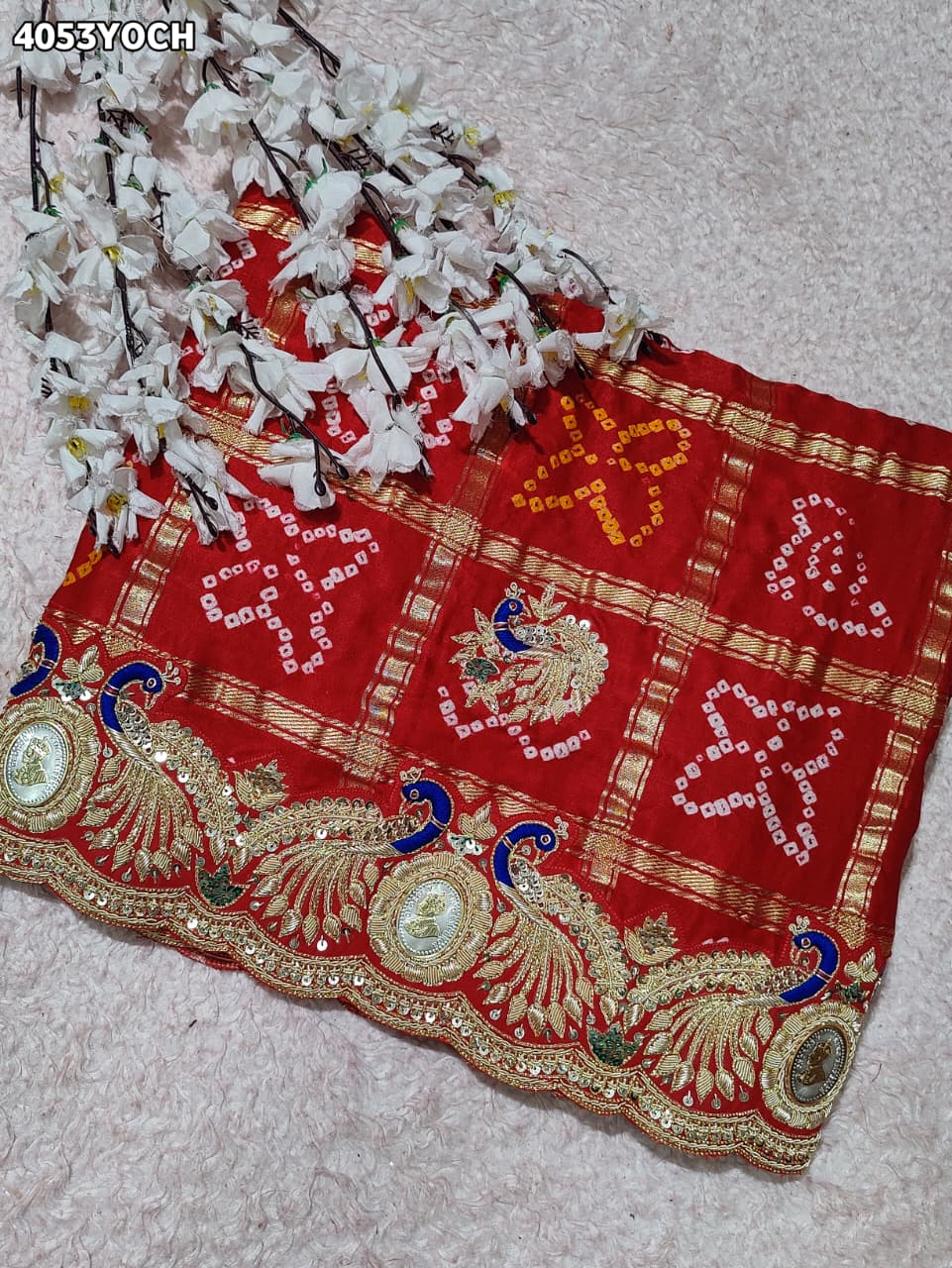 KcPc Royal Gaji Silk Bandhani Pila Chunri with Fine Zardosi Work With Silver CoinsMNL