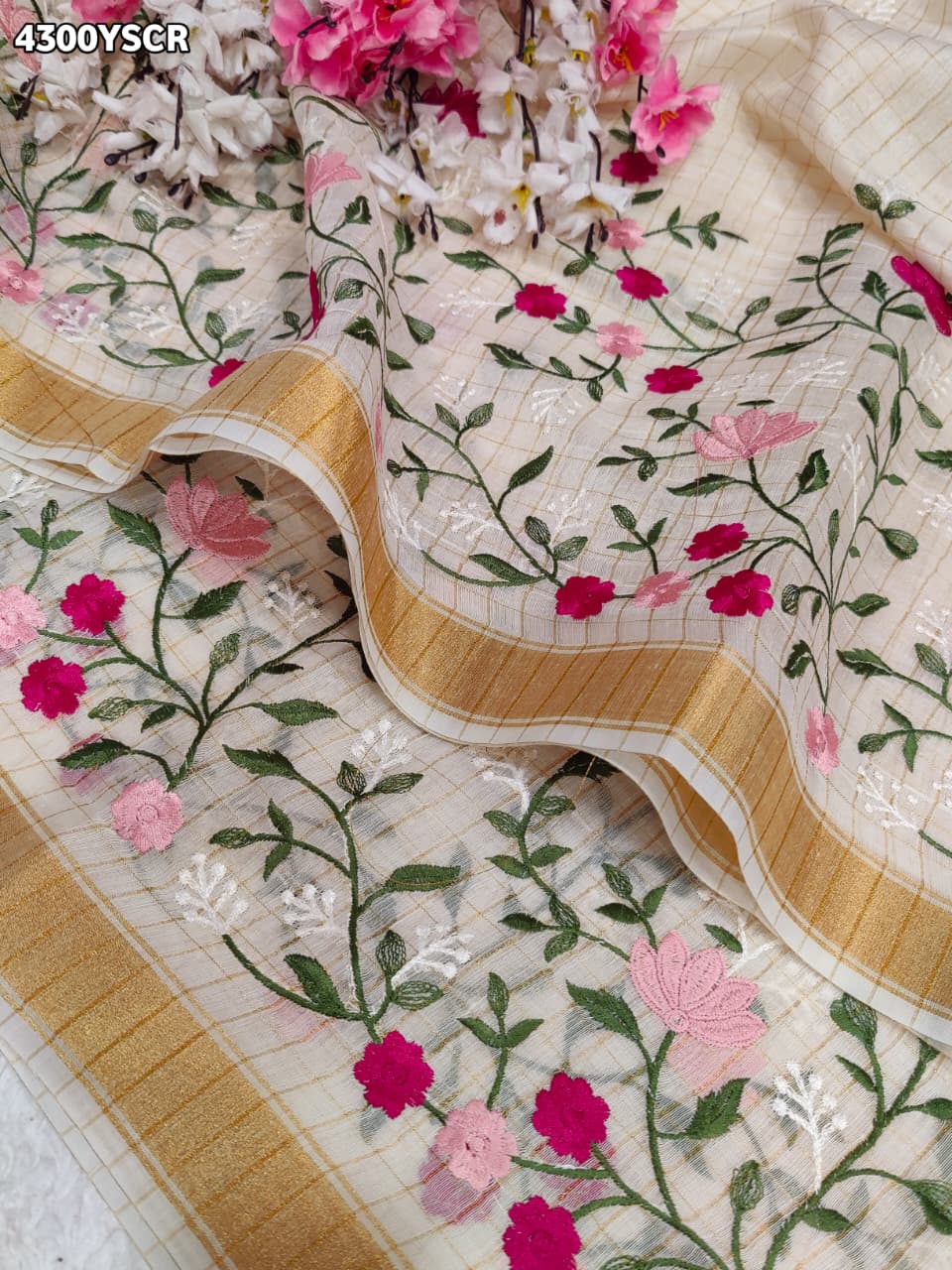 KcPc Premium Kota Doria Saree with Floral Thread Work DetailingSWA