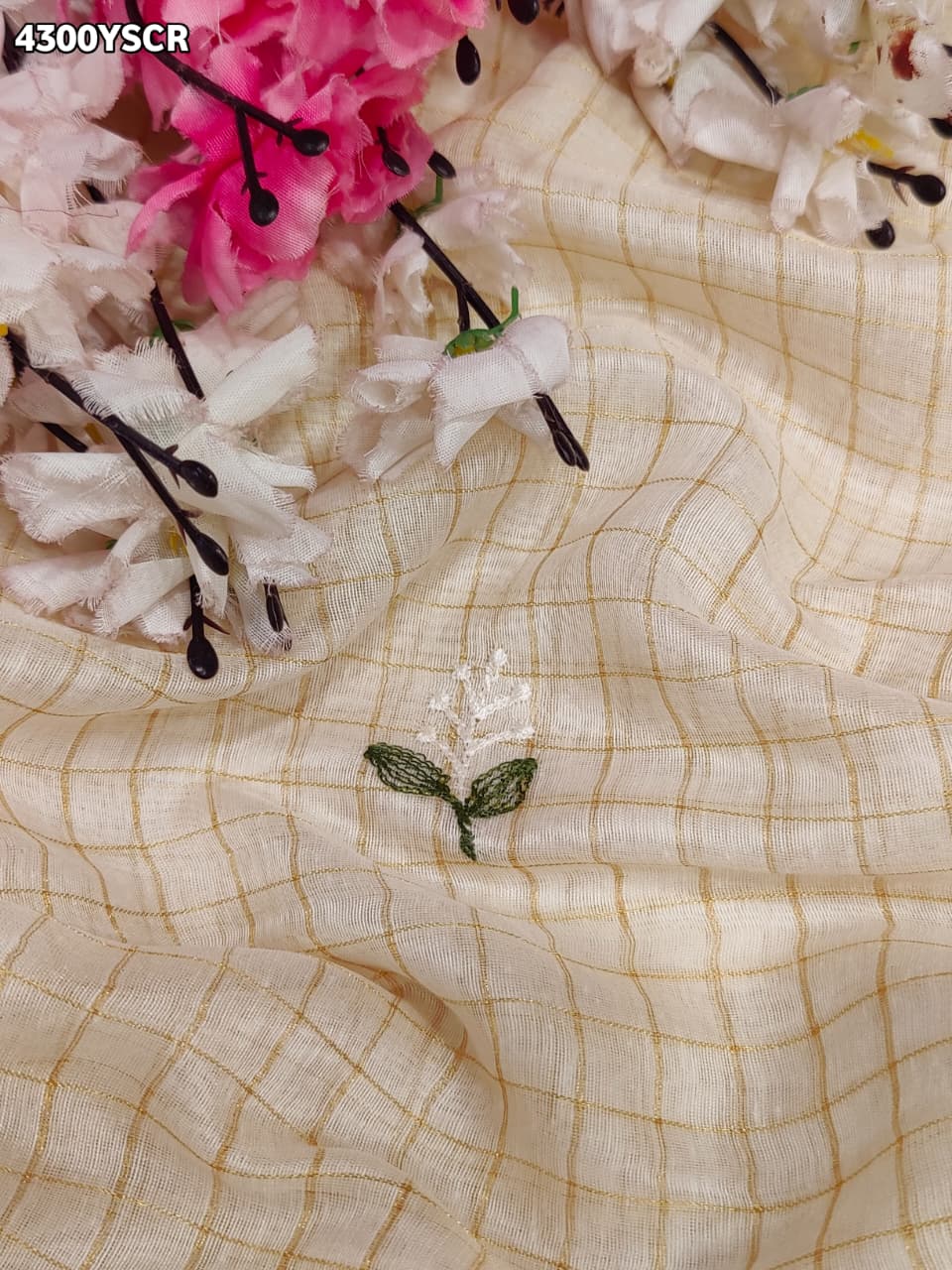 KcPc Premium Kota Doria Saree with Floral Thread Work DetailingSWA