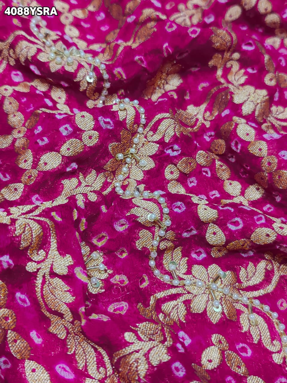 Buy Traditional Khaddi Georgette Bandhani Saree with Cutdana White Beads Work
