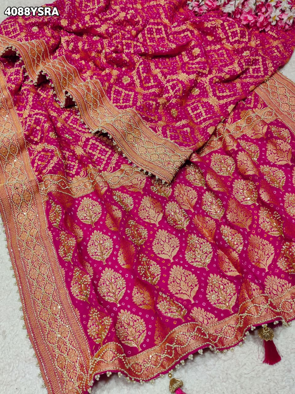 Buy Traditional Khaddi Georgette Bandhani Saree with Cutdana White Beads Work