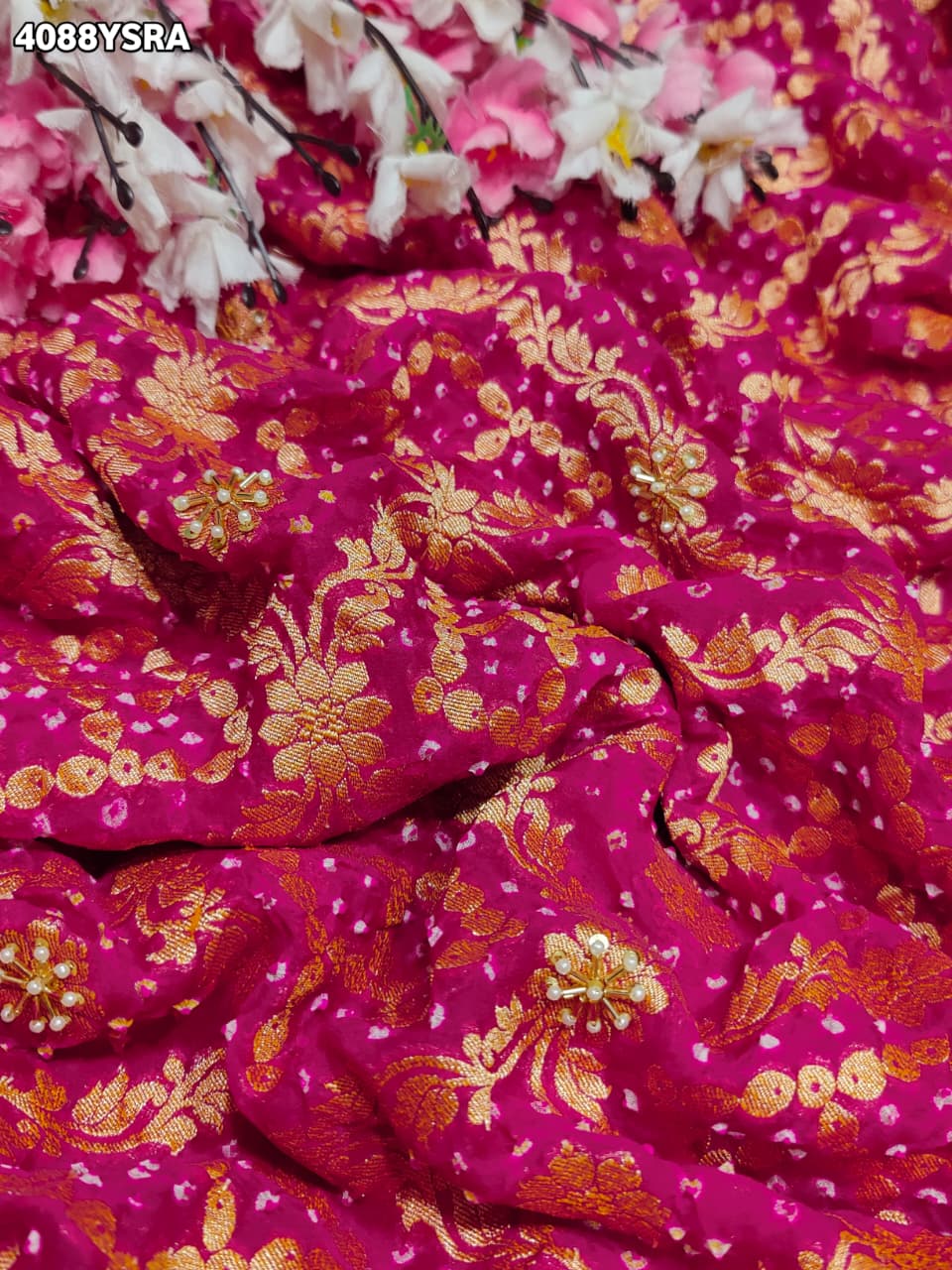 Buy Traditional Khaddi Georgette Bandhani Saree with Cutdana White Beads Work