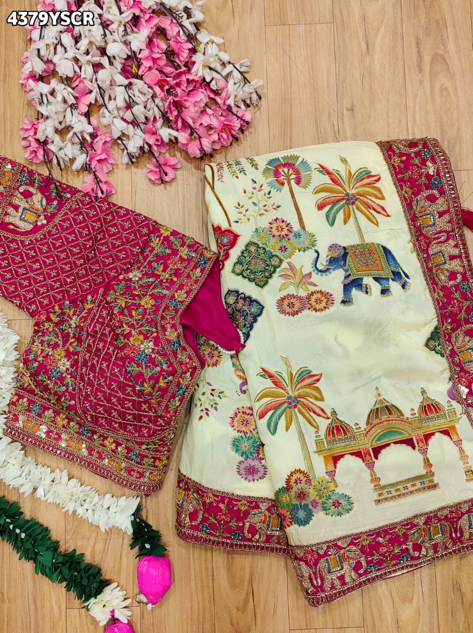 KcPc New Premium Kalamkari Style Saree Crafted with Beautiful Cutdana Detailing