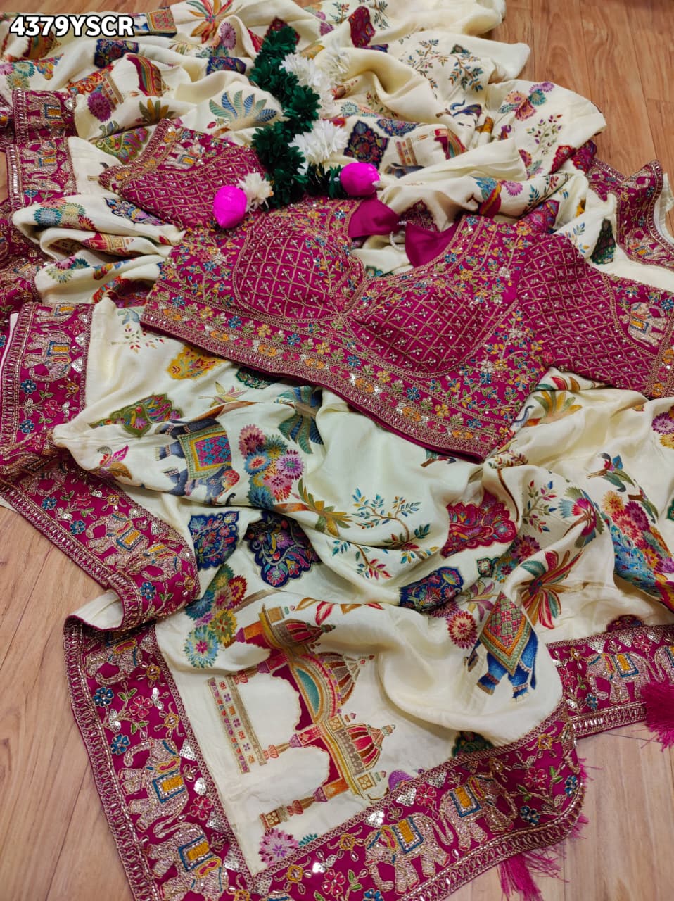 KcPc New Premium Kalamkari Style Saree Crafted with Beautiful Cutdana Detailing