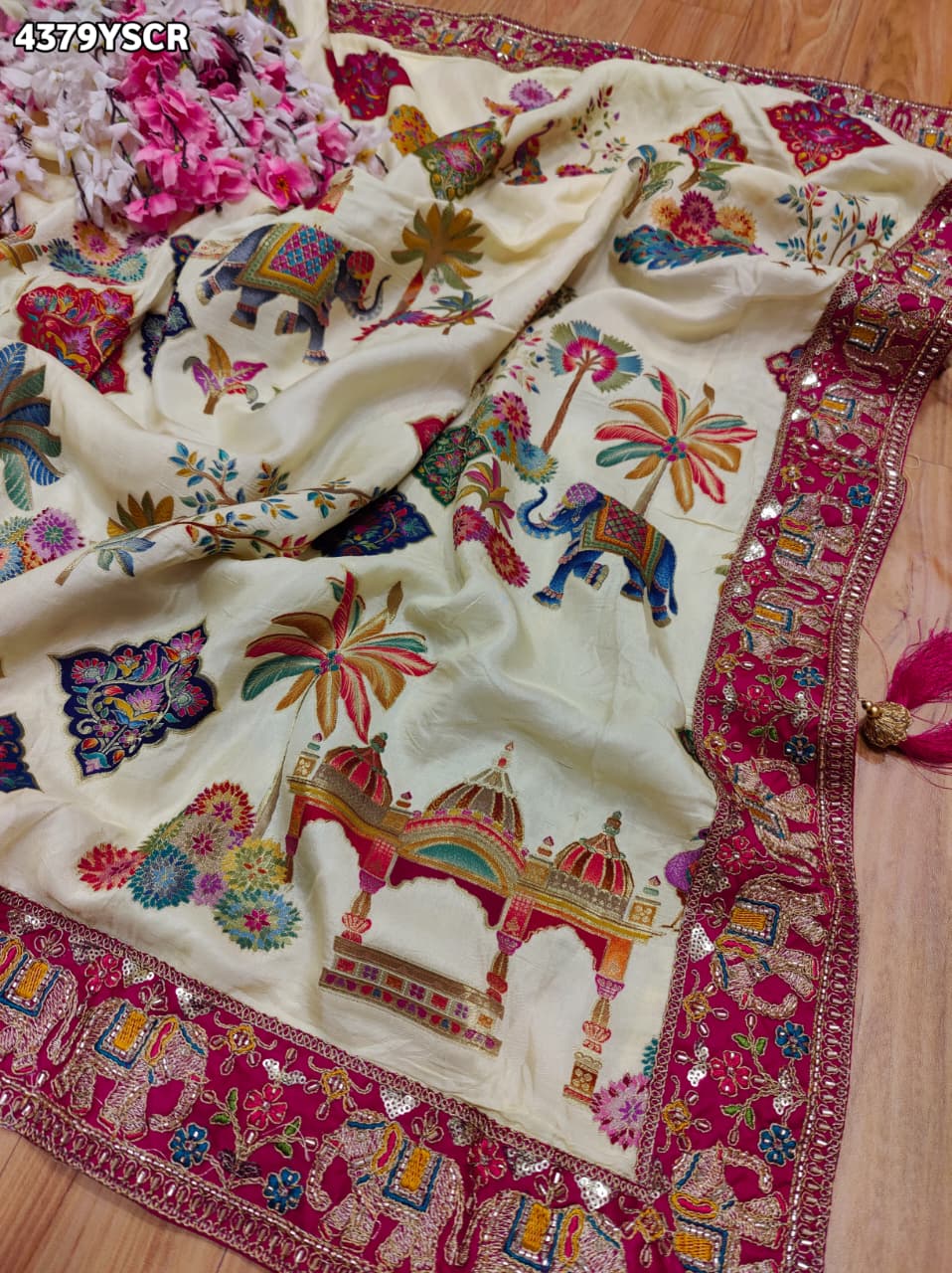 KcPc New Premium Kalamkari Style Saree Crafted with Beautiful Cutdana Detailing