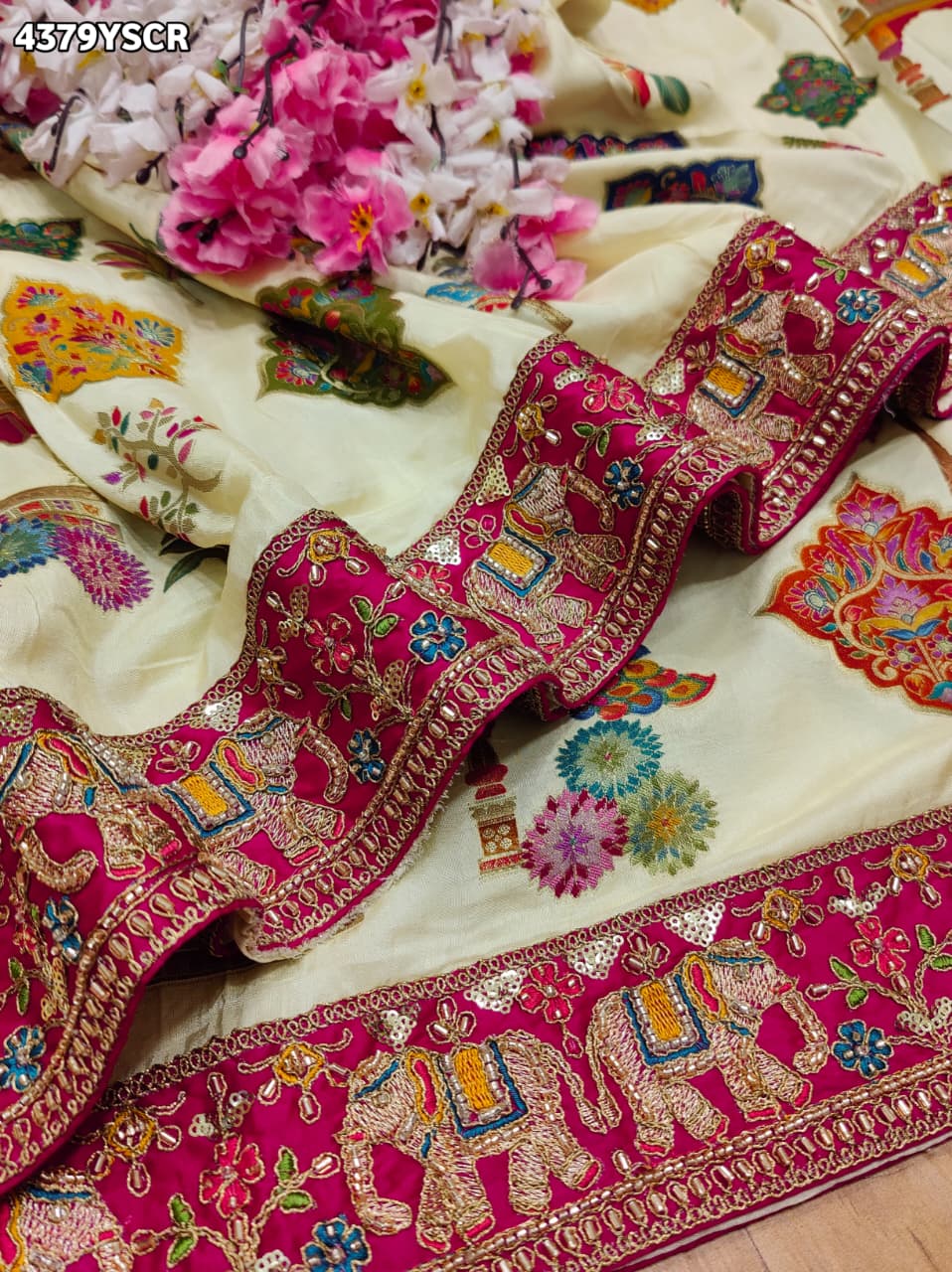 KcPc New Premium Kalamkari Style Saree Crafted with Beautiful Cutdana Detailing