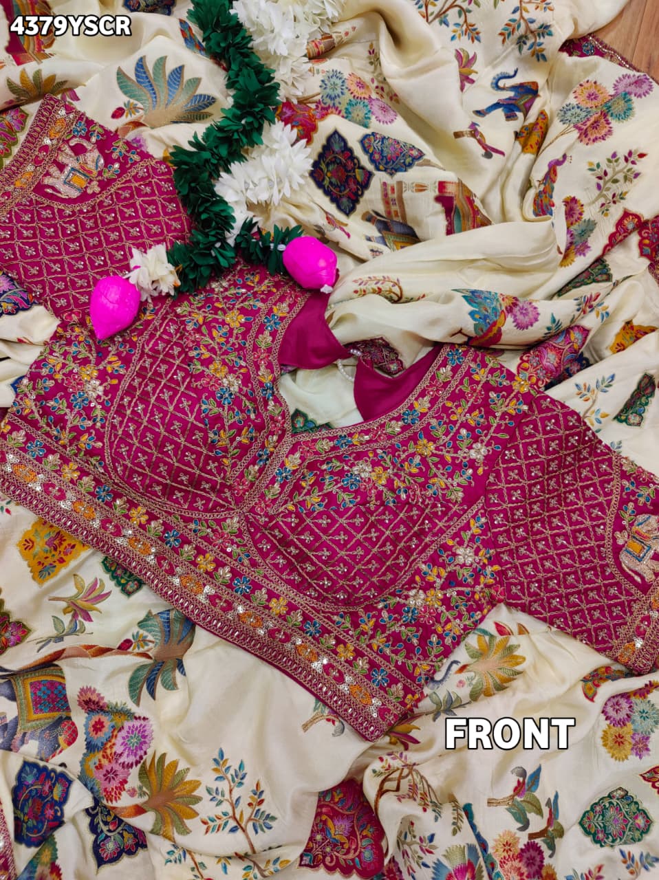 KcPc New Premium Kalamkari Style Saree Crafted with Beautiful Cutdana Detailing
