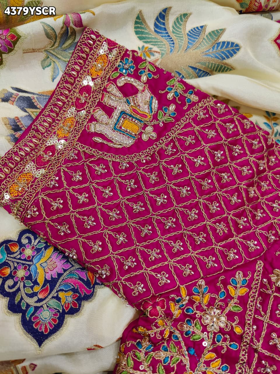 KcPc New Premium Kalamkari Style Saree Crafted with Beautiful Cutdana Detailing