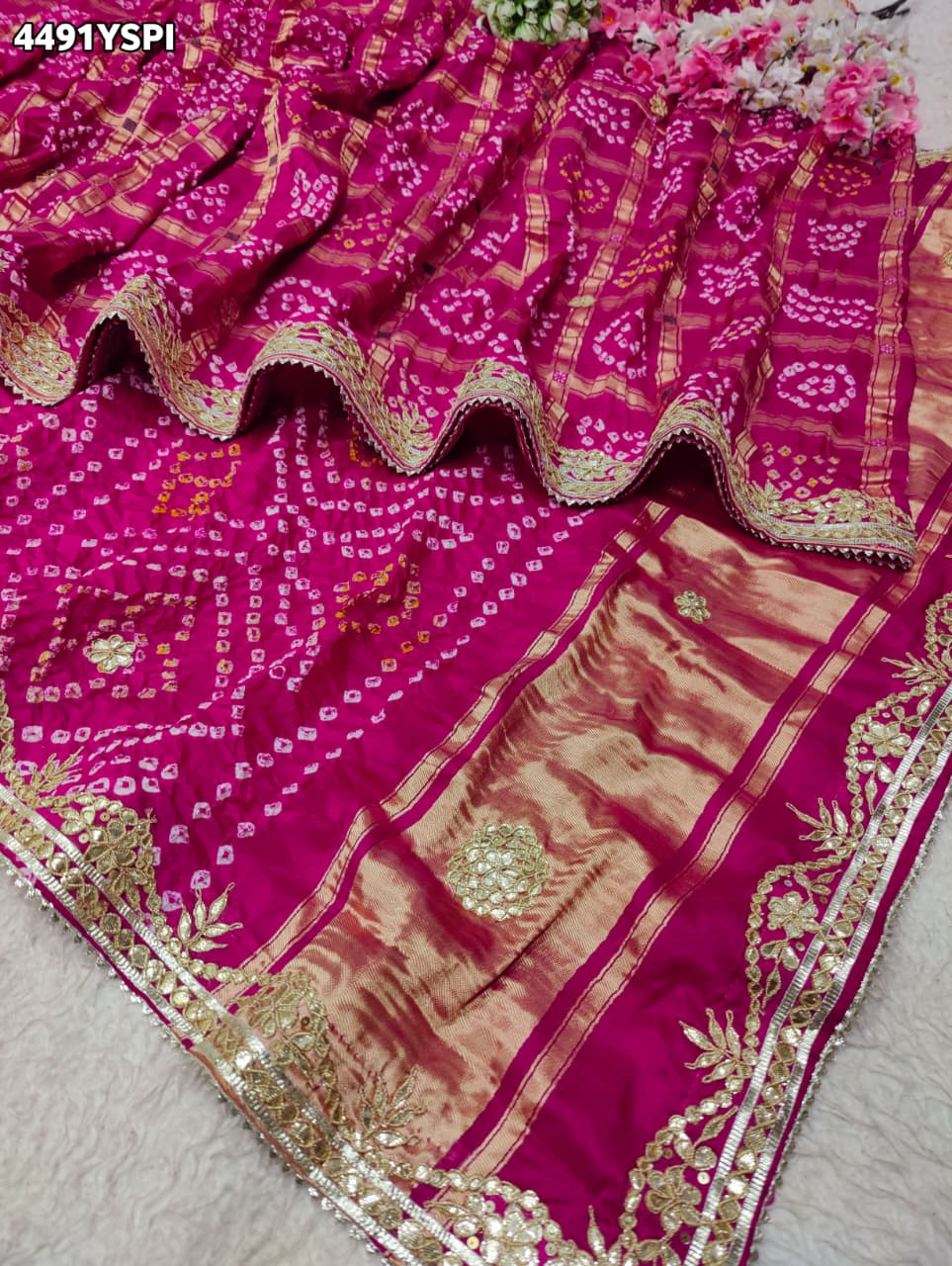 KcPc New Royal Gaji Silk Bandhani Saree with Elegant Gotapatti Work