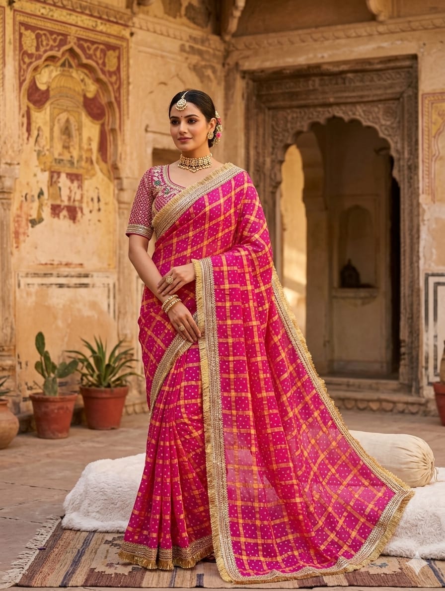 KcPc Georgette Bandhani Saree with Embroidery Work BAL