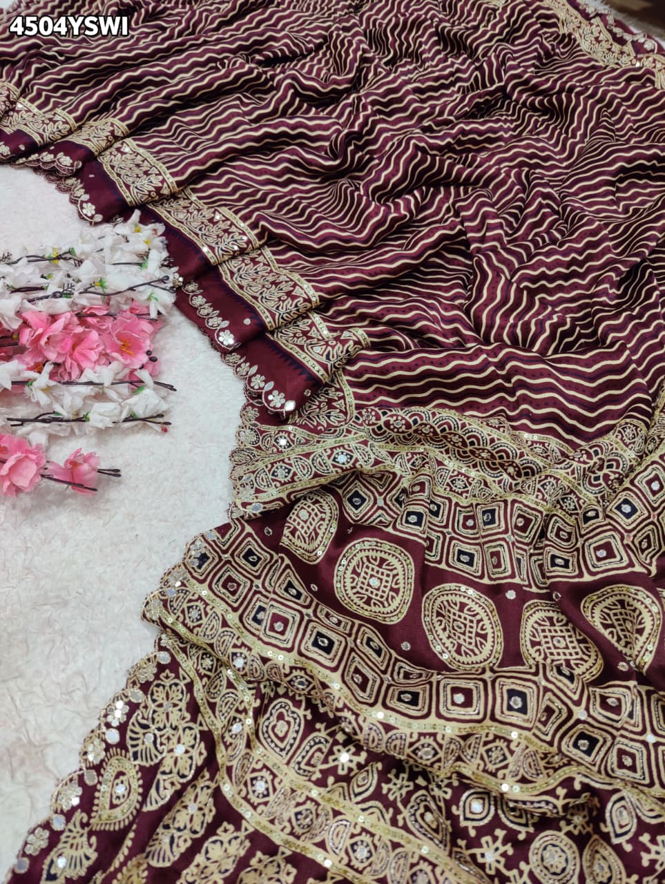 KcPc New Traditional Gaji Silk Ajrakh Saree with Elegant Mirror WorkSVD