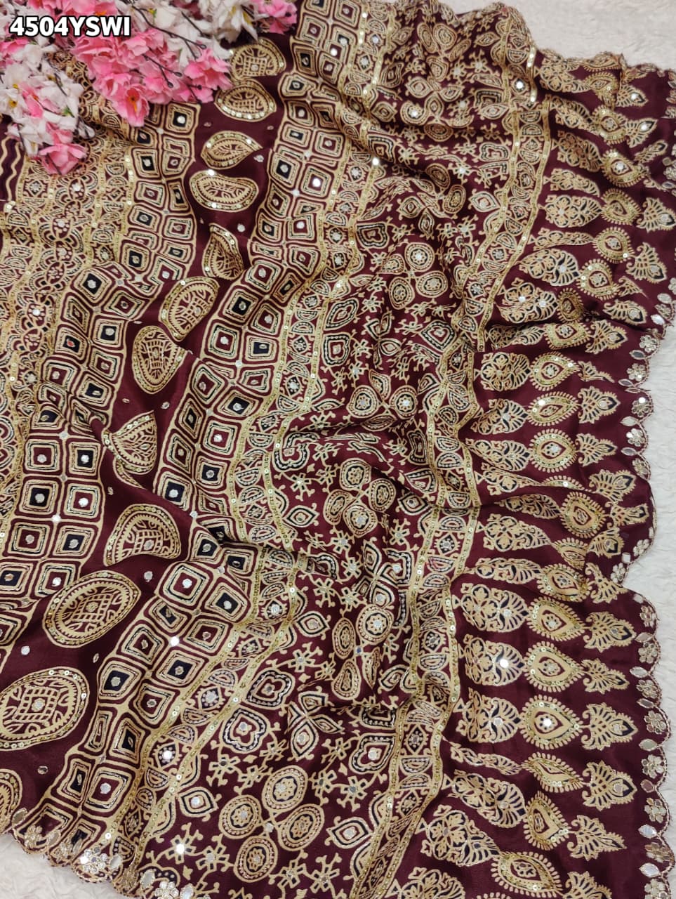 KcPc New Traditional Gaji Silk Ajrakh Saree with Elegant Mirror WorkSVD