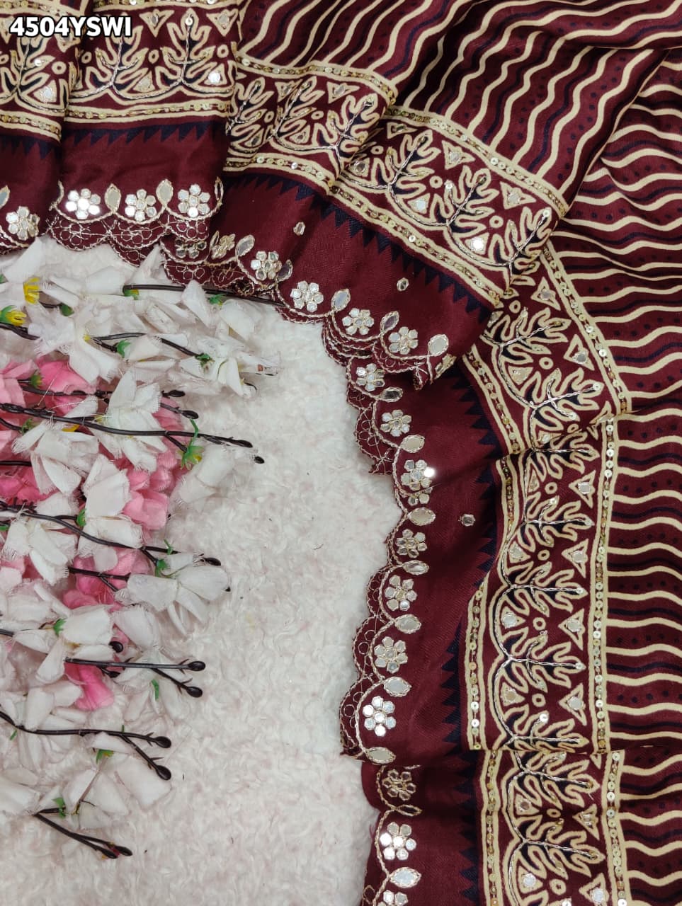 KcPc New Traditional Gaji Silk Ajrakh Saree with Elegant Mirror WorkSVD