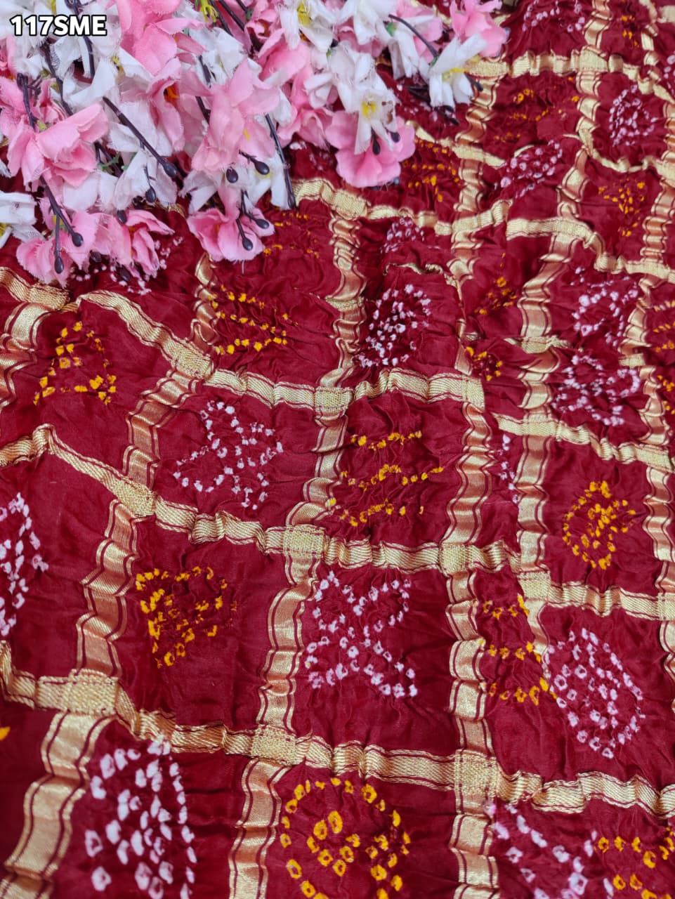 KcPcPure Gaji Silk Bandhani Saree with Handcrafted Gotapatti Work AMT
