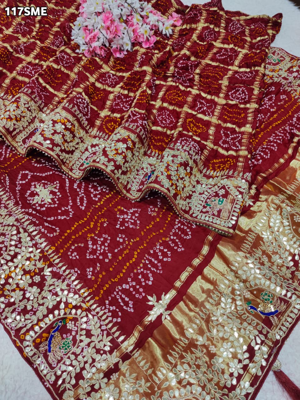 KcPcPure Gaji Silk Bandhani Saree with Handcrafted Gotapatti Work AMT