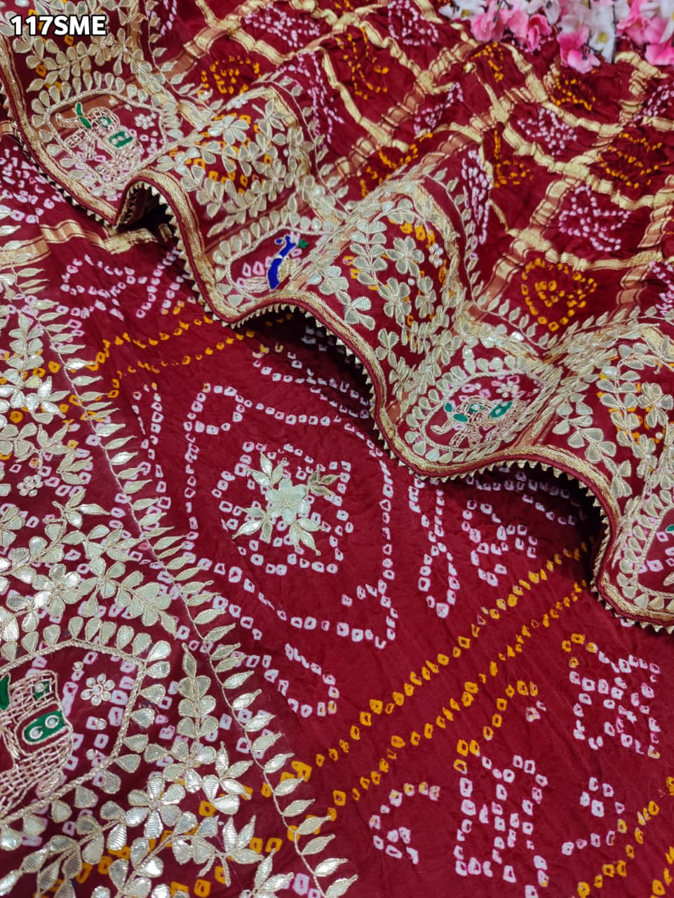 KcPcPure Gaji Silk Bandhani Saree with Handcrafted Gotapatti Work AMT