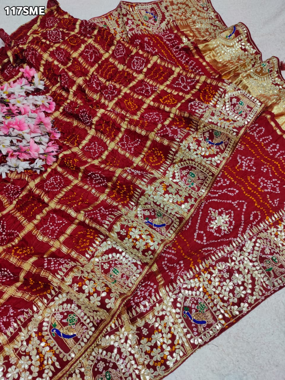KcPcPure Gaji Silk Bandhani Saree with Handcrafted Gotapatti Work AMT