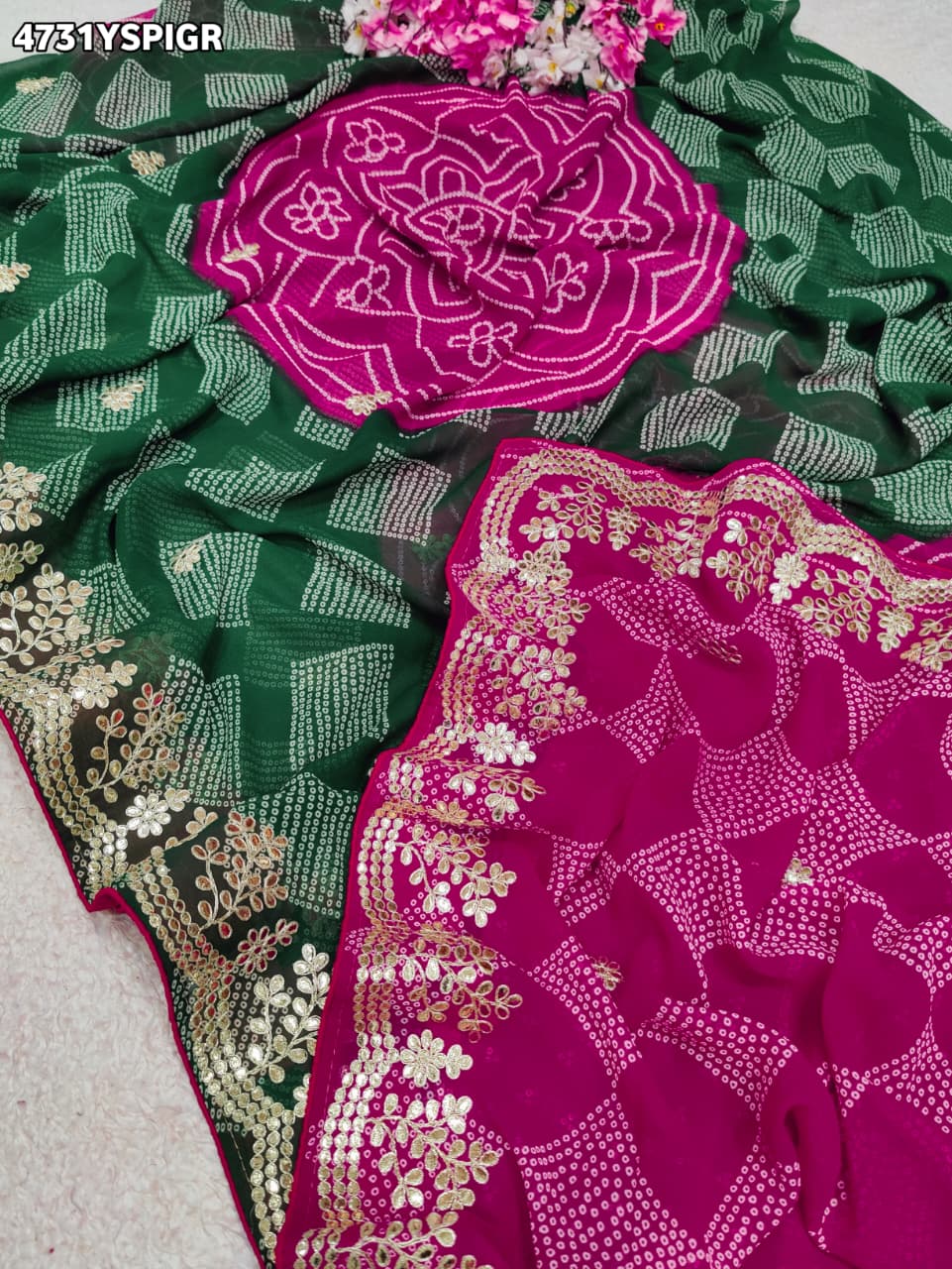 KcPcRoyal Bandhani Saree with Traditional Gotapatti WorkKDN