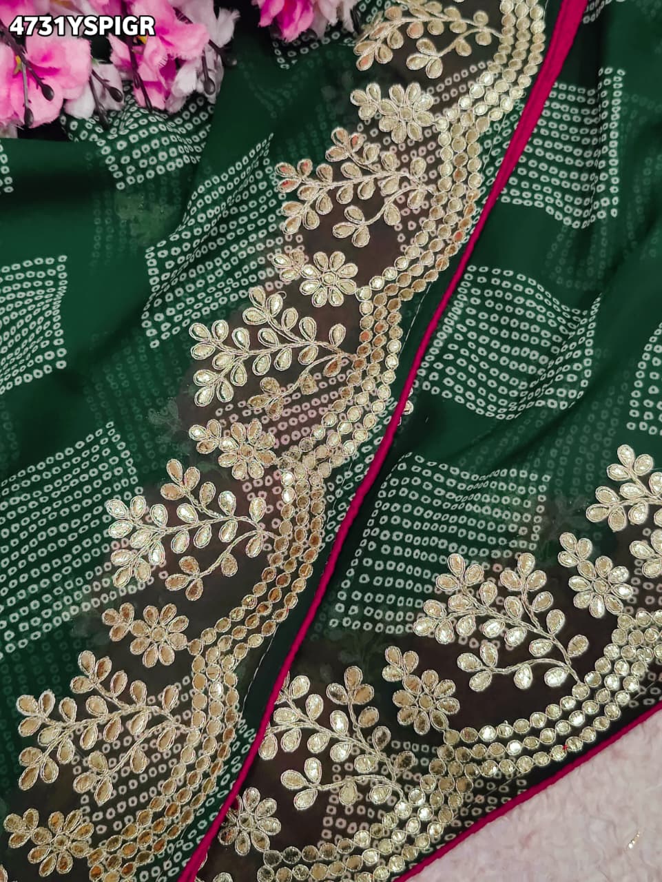 KcPcRoyal Bandhani Saree with Traditional Gotapatti WorkKDN