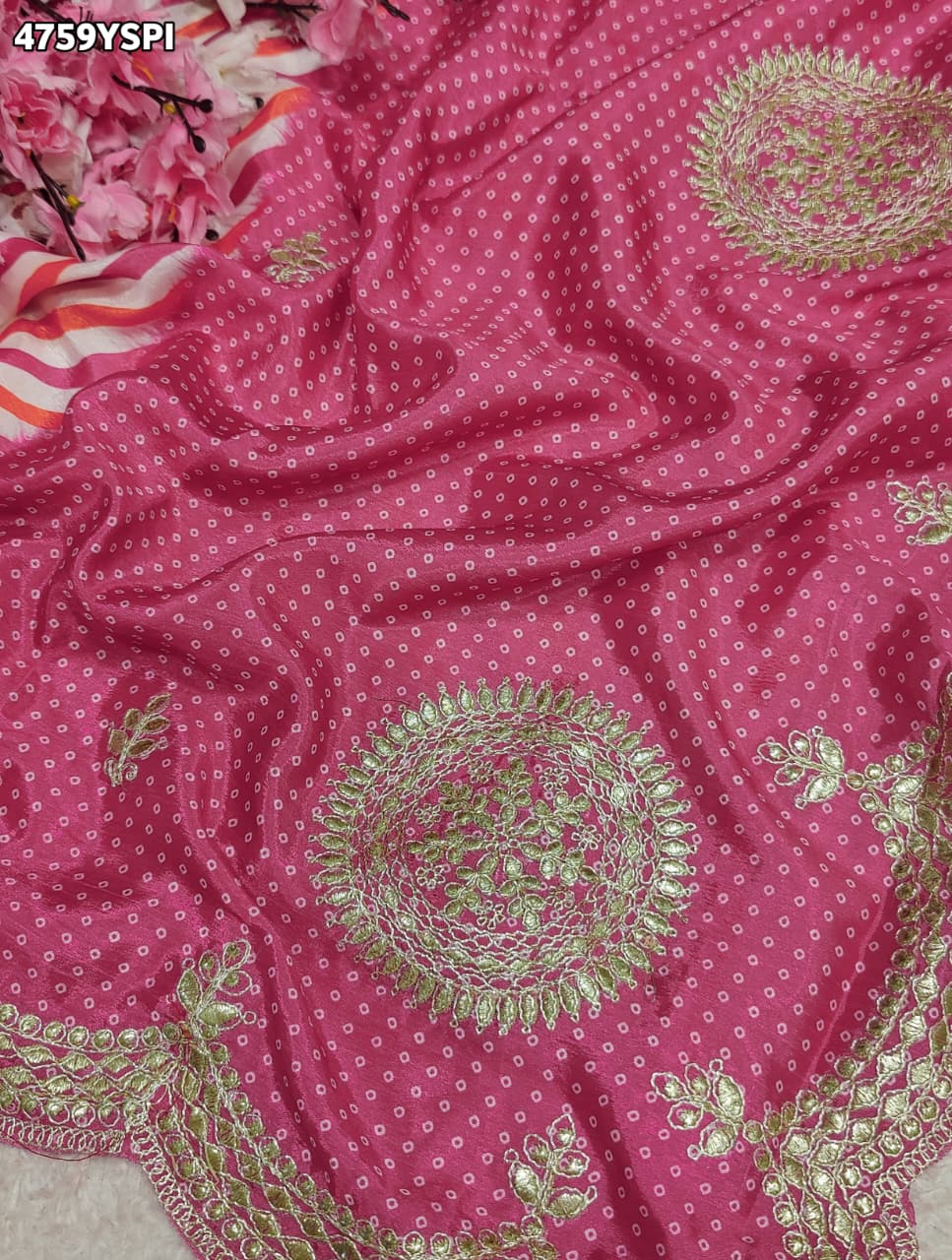 KcPc Premium Crepe Silk Leheriya Saree with Gotapatti Work ASH