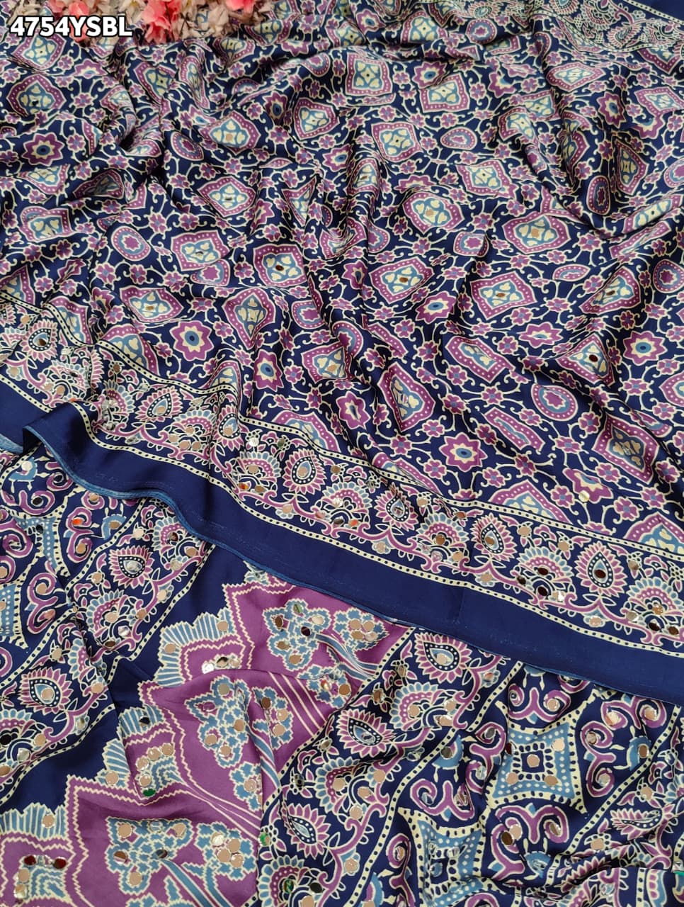 KcPc Premium Silk Ajrakh Saree with Mirror Work STR