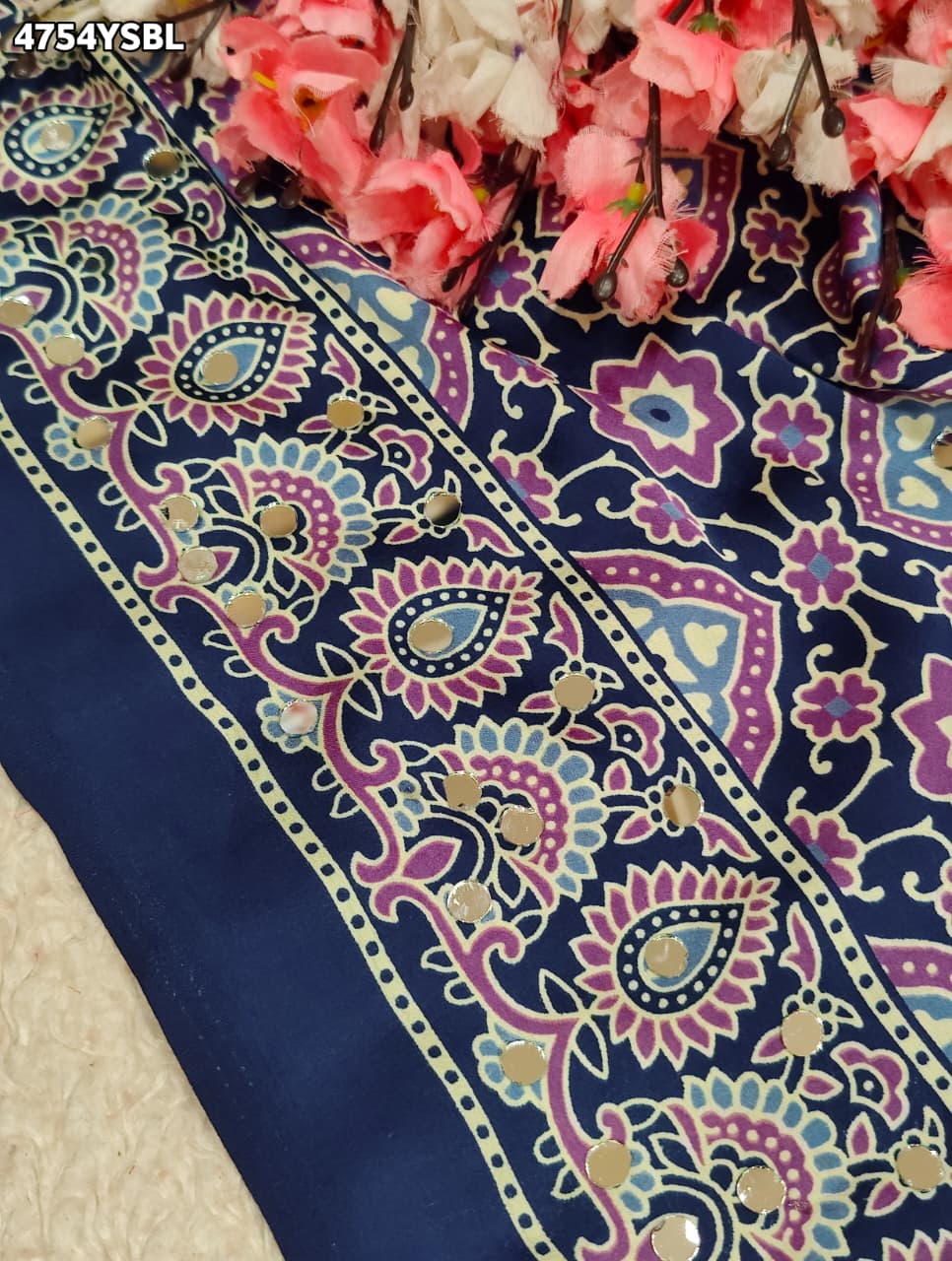 KcPc Premium Silk Ajrakh Saree with Mirror Work STR
