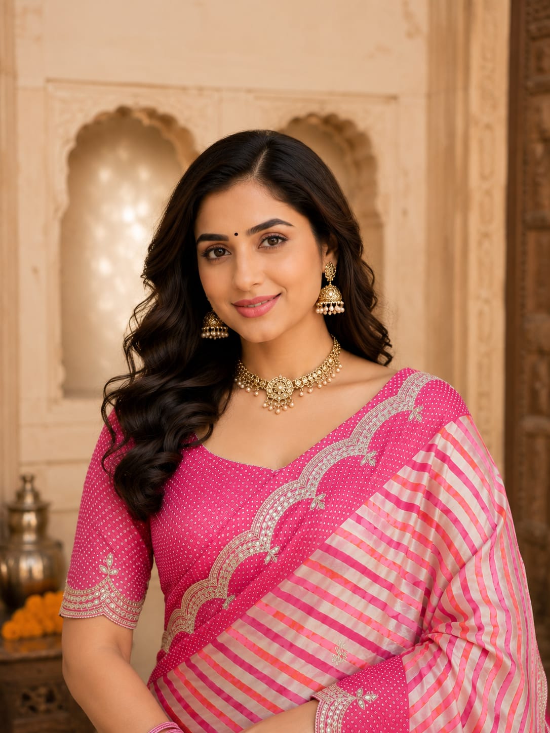 KcPc Premium Crepe Silk Leheriya Saree with Gotapatti Work ASH