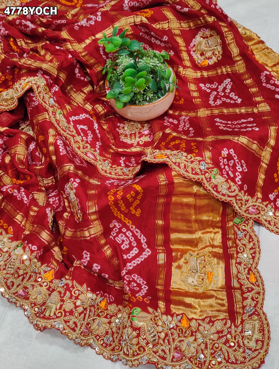KcPc Premium Gaji Silk Bandhani Pila Chunri with Zardosi Work MNL