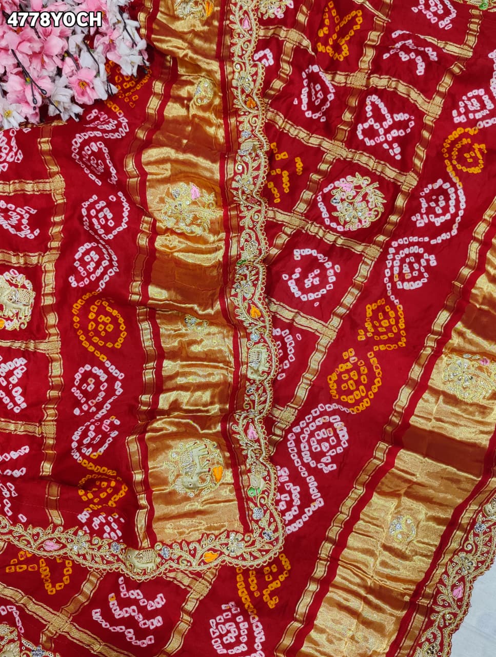 KcPc Premium Gaji Silk Bandhani Pila Chunri with Zardosi Work MNL