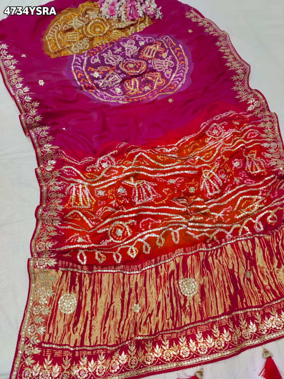 KcPc Designer Gaji Silk Bandhani Saree with Gota Patti AMT