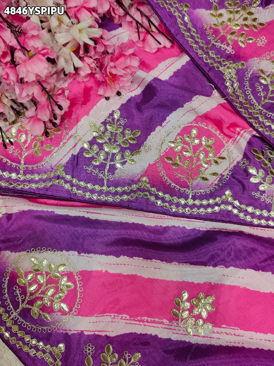 KcPc Premium Crepe Silk Leheriya Saree with Gota Patti Work for Festive WearASH