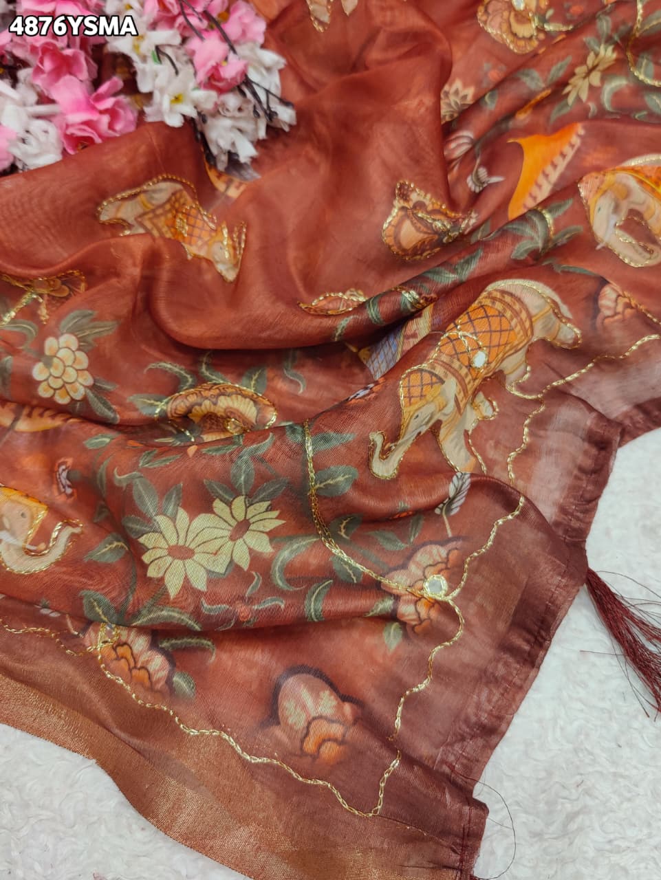 KcPc Premium Cotton Silk Kalamkari Style Saree with Aari Tari WorkSTL