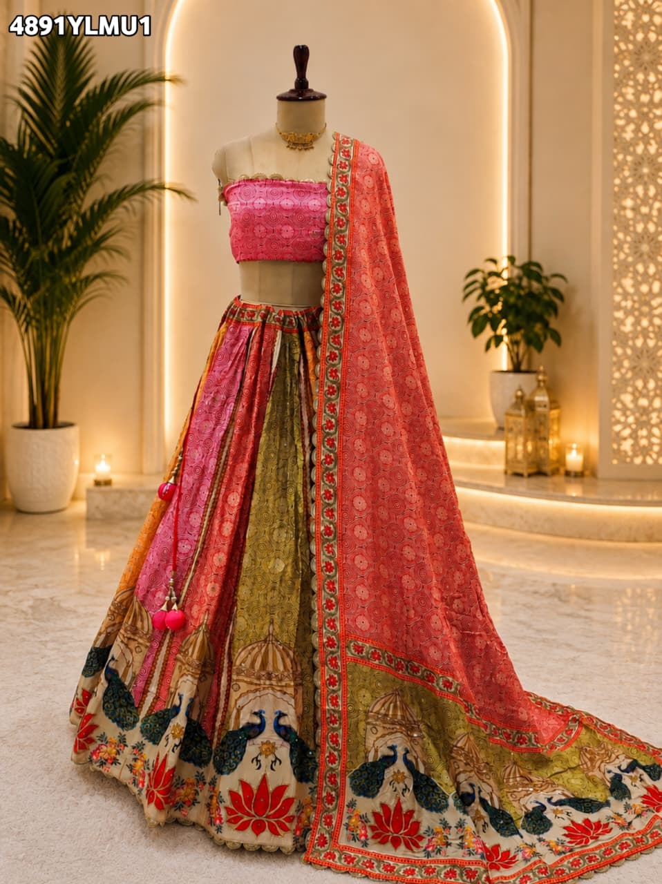 KcPc Stylish Crepe Silk Printed Lehenga with Traditional Gota Work BHUTA