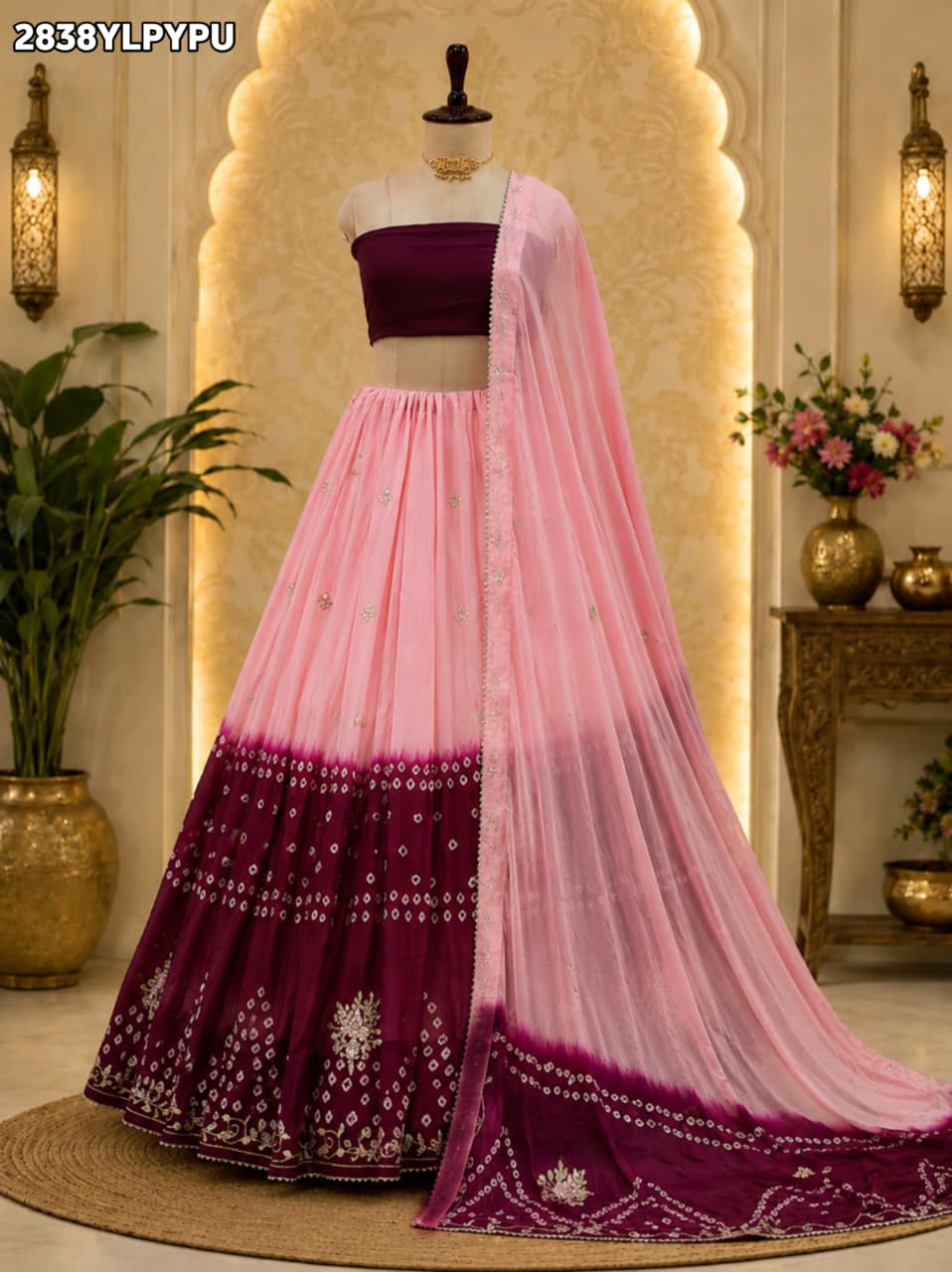 KcPc New Festive Bandhani Style Lehenga in Soft Chinon Fabric GSM