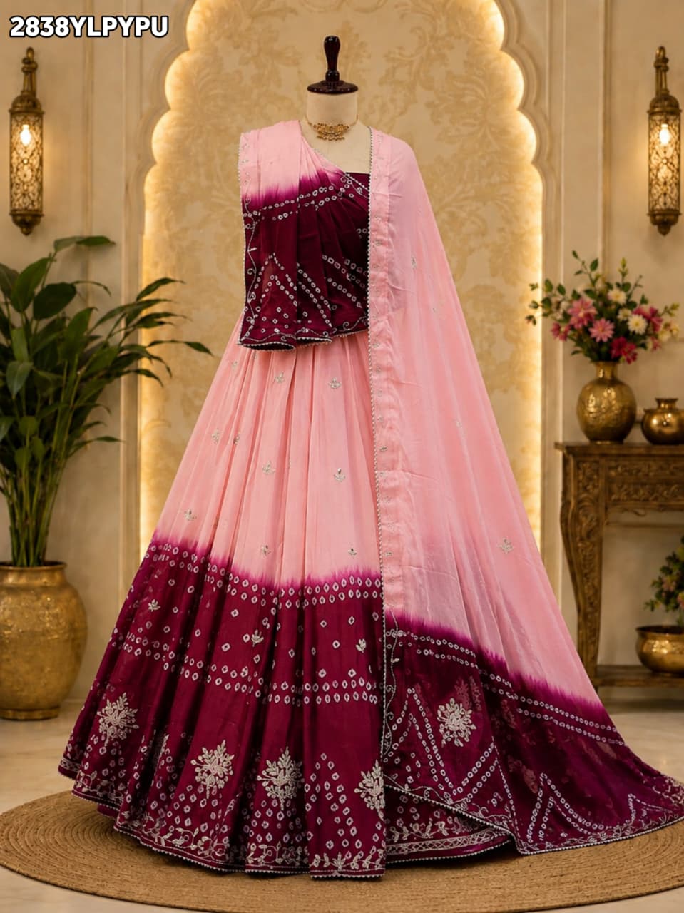 KcPc New Festive Bandhani Style Lehenga in Soft Chinon Fabric GSM
