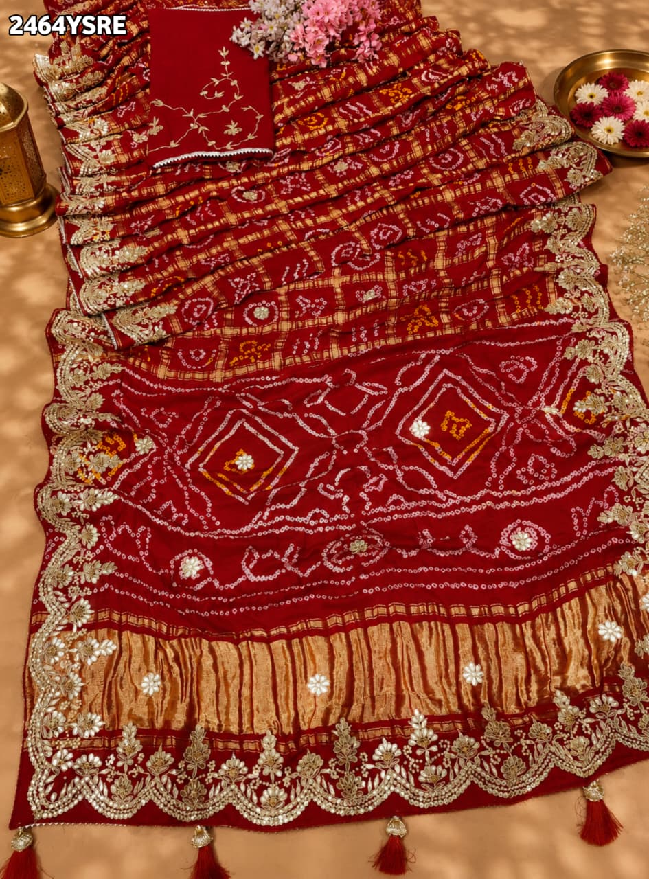 KcPc Pure Gaji Silk Bandhani Saree with Gota Patti Work AMT