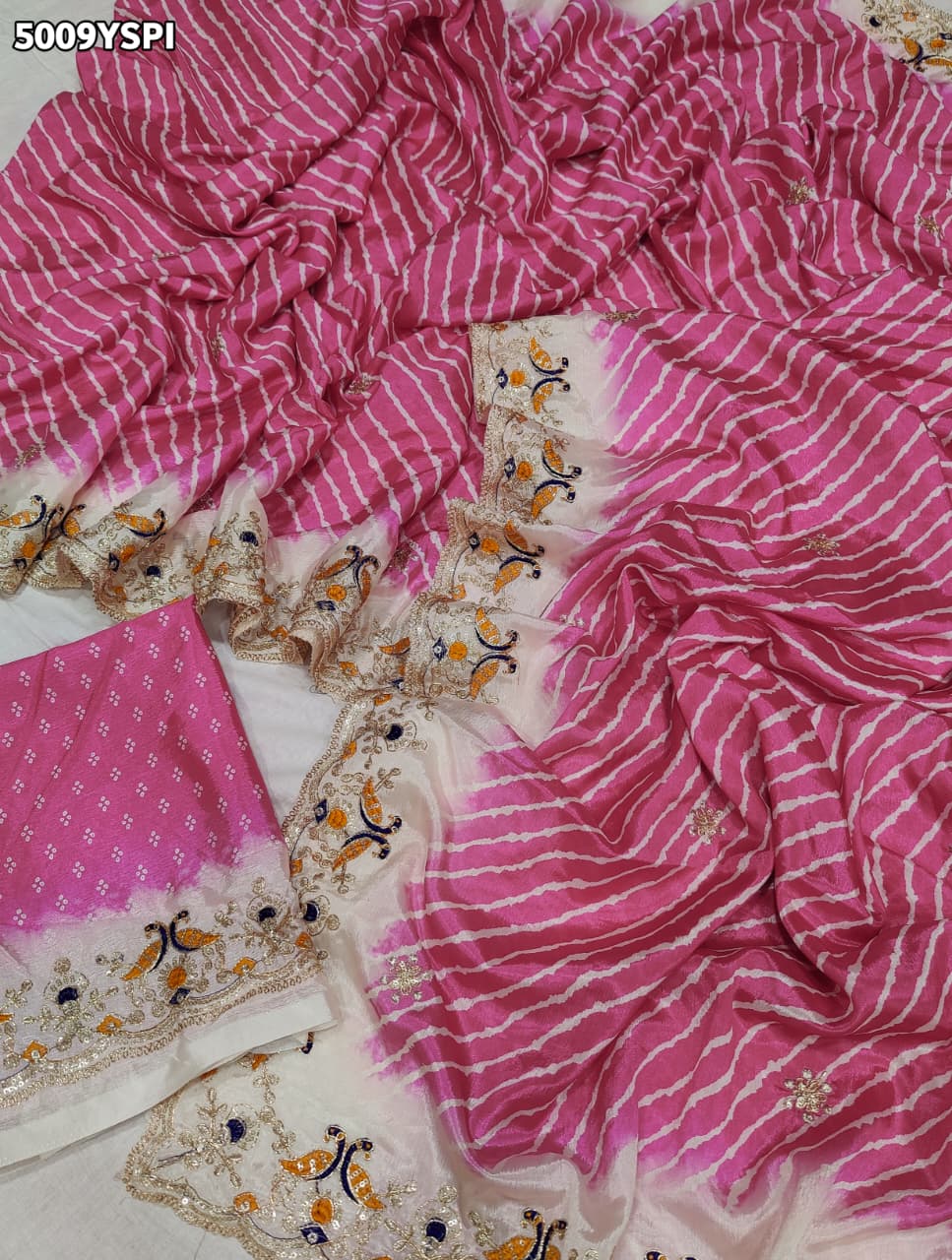KcPc Crepe Silk Leheriya Style Saree with Designer Embroidery Work