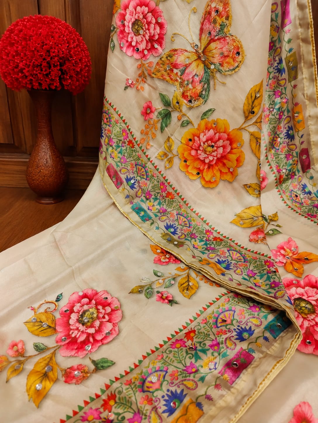 KcPc Premium Georgette Printed Style Saree with Beautiful Mirror WorkRJC