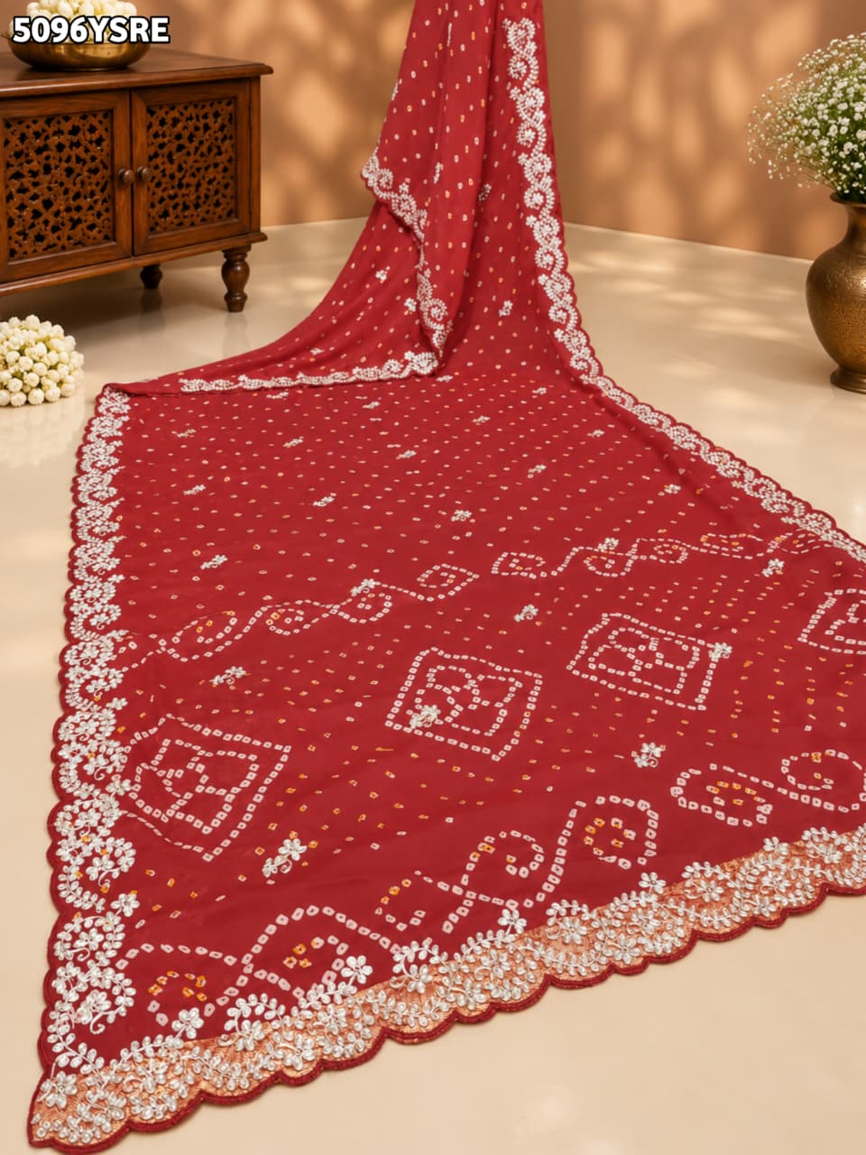 KcPc Georgette Bandhani Style Saree with Peturn Work for Festive Wear