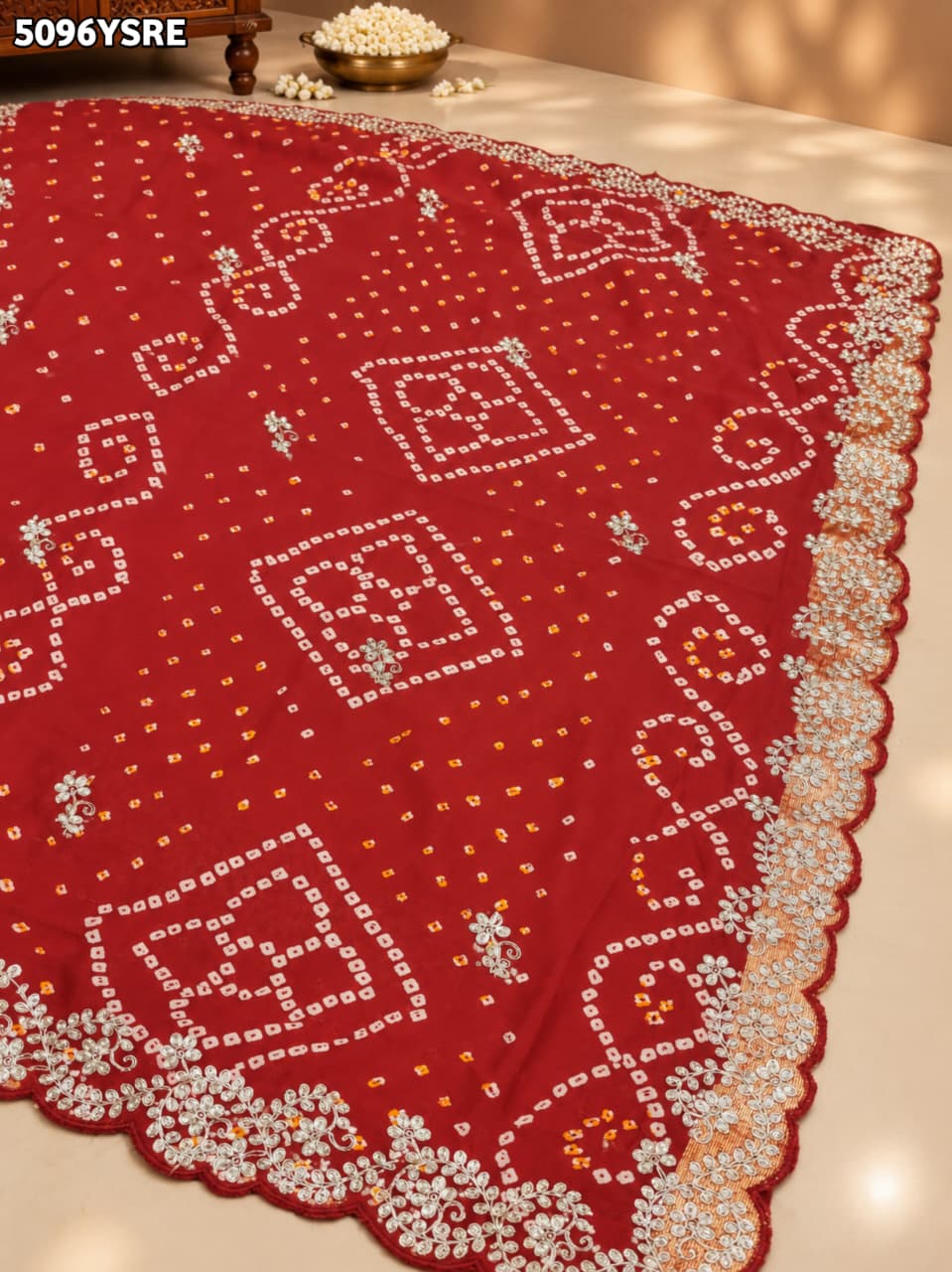 KcPc Georgette Bandhani Style Saree with Peturn Work for Festive Wear