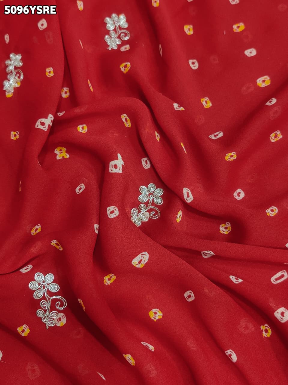 KcPc Georgette Bandhani Style Saree with Peturn Work for Festive Wear