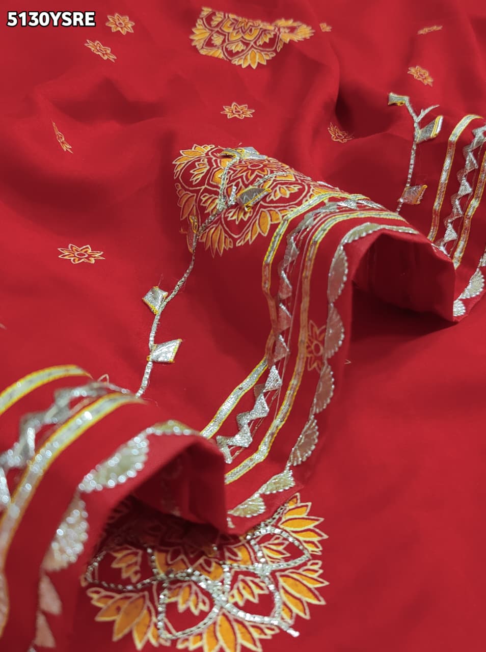 KcPc Designer Vichitra Silk Saree with Printed Style & Gotapatti Work