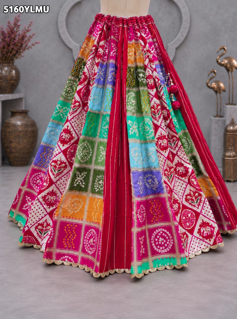 KcPc Crepe Silk Bandhani Lehenga with Traditional Gotapatti Work