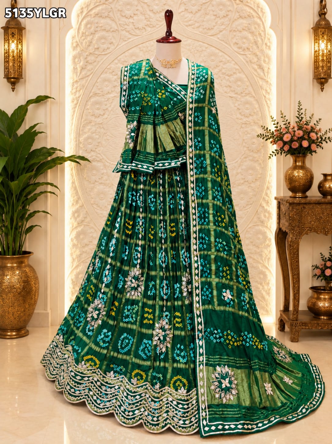 KcPc Traditional Gaji Silk Bandhani Lehenga with Elegant Gota Patti Work