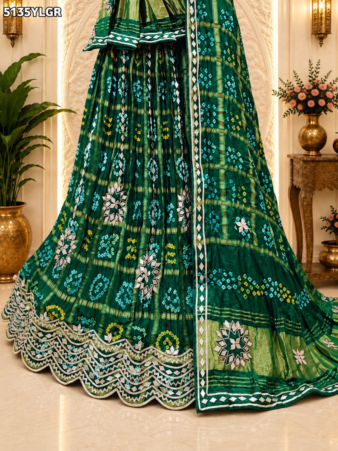 KcPc Traditional Gaji Silk Bandhani Lehenga with Elegant Gota Patti Work